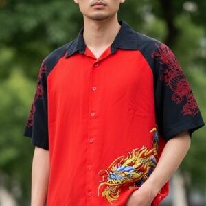 JNCO Jeans Shirt Men's Large Red Short Sleeve Button Up Dragon Bowl 90s Y2k